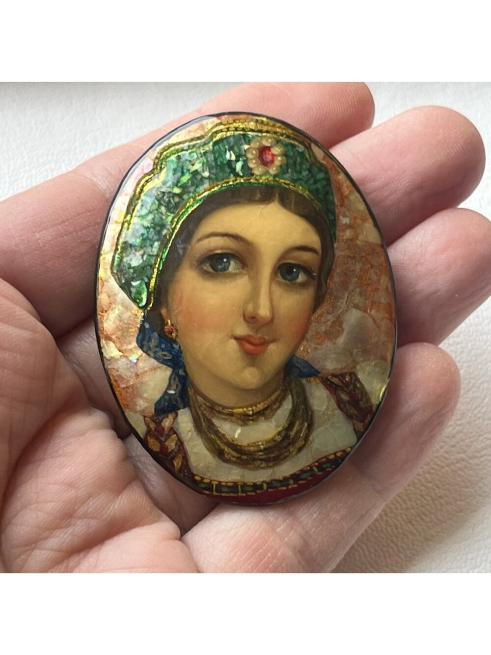Vintage Russian Lacquer Portrait Brooch Lady Wood Signed Folk Art Oval Pin